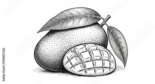 Engraved mango illustration with leaf and fruit cubes, food still life