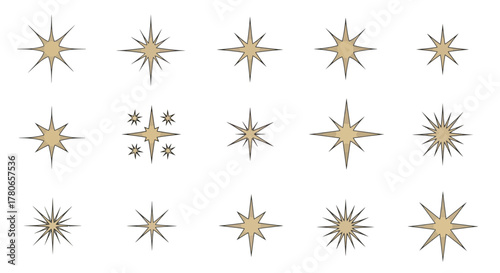 Set of golden starbursts and sunbursts with varying sizes and designs, perfect for graphic design and decorative use