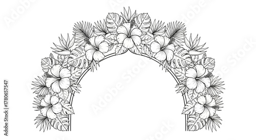 Floral Archway Illustration with Hibiscus and Tropical Foliage Details