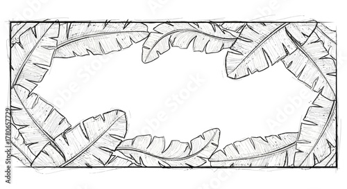 Hand drawn tropical foliage frame with banana leaves, sketch illustration
