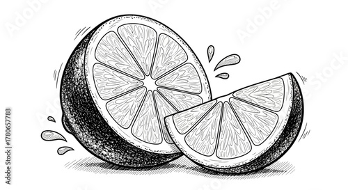 Hand-drawn illustration of citrus fruit slices with hatching details