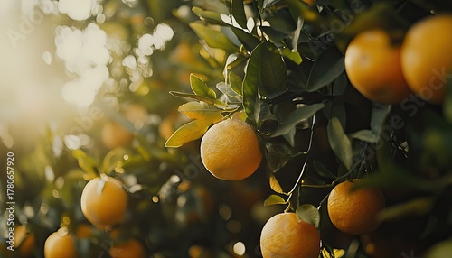 A close-up of fresh, ripe oranges hanging on a tree with green leaves
