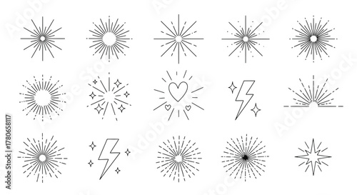 Set of linear sunburst and starburst design elements, featuring radiant light rays, festive sparkles, and decorative flash icons, perfect for adding graphic impact