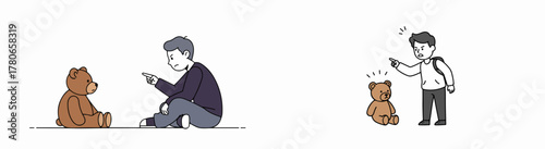 Illustrations of angry men scolding a sad teddy bear, representing concepts of reprimand, inner child trauma, or anger management.