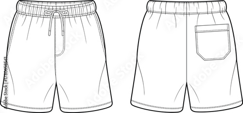 CAD drawing flat vector illustration, elastic waistband shorts fashion sketch, drawstring garment design template, apparel industry clothing technical mockup