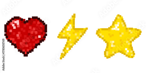Pixel Art. Vector illustration Pixel lightning red heart and gold star isolated transparent. Set of Pixel Art element for retro 8-bit video game. EPS 10