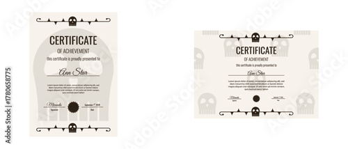 Certificate. Gothic vector illustration Certificate set isolated background. Perfect diploma Certificate layout collection with Goth skull and input text area. EPS 10