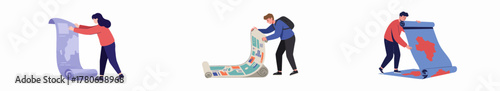 People unrolling large maps and data scrolls for global exploration, business planning, research, and geographical analysis in a vector illustration set.