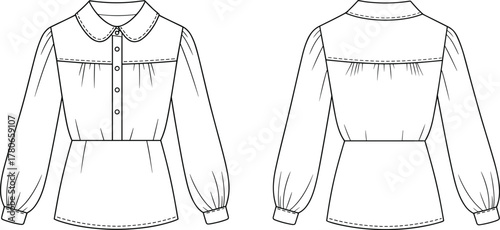 CAD drawing flat vector illustration, Peter Pan collar blouse fashion sketch, puff sleeve garment design template, apparel industry clothing mockup