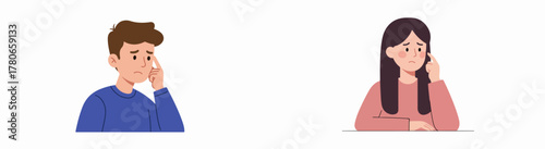 Worried man and woman thinking deeply, touching their temples, representing stress, confusion, or headache.