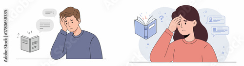 Frustrated man and woman suffering from learning difficulties and information overload while reading complex texts and managing communication.