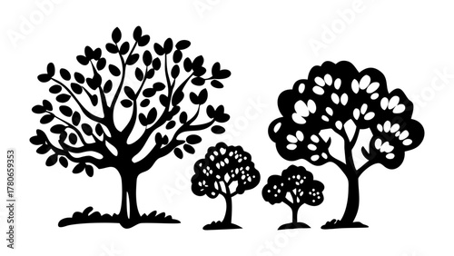 Silhouette Trees: Captivating silhouettes of a diverse array of trees, standing gracefully in a tranquil forest or garden. A simplistic yet striking image.