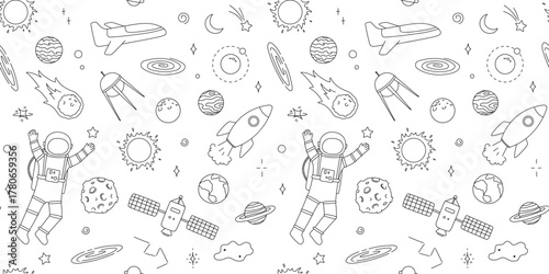Seamless pattern with space line art. Doodle hand drawn illustrations, repeating childish backdrop