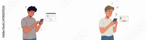 Young men confused by mobile login, authentication, or forgotten passwords, facing digital security problems illustration.