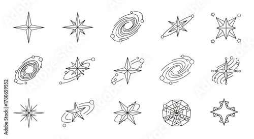 Diverse Collection of Celestial Exploration and Astronomical Symbols Line Art Icons for Cosmic Design Elements and Spiritual Themed Graphics
