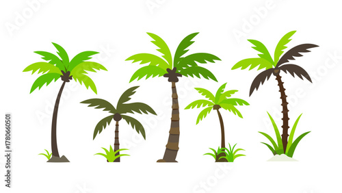 Palm Tree Ensemble: A vibrant collection of palm trees, with lush green fronds and sturdy trunks, stand tall against a clear sky, evoking a sense of tropical paradise and relaxation.