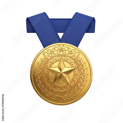 Golden Star Medal with Laurel Wreath and Blue Ribbon on Background award isolated on a transparent background