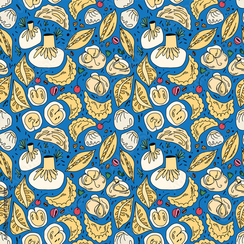 Seamless illustration of dumplings, manti, and vareniki from different countries on blue background