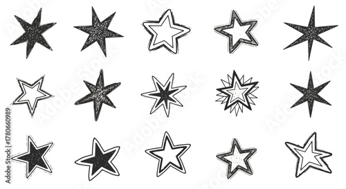 Hand-drawn star collection, a set of doodle-style stars in various shapes and sizes, perfect for design elements