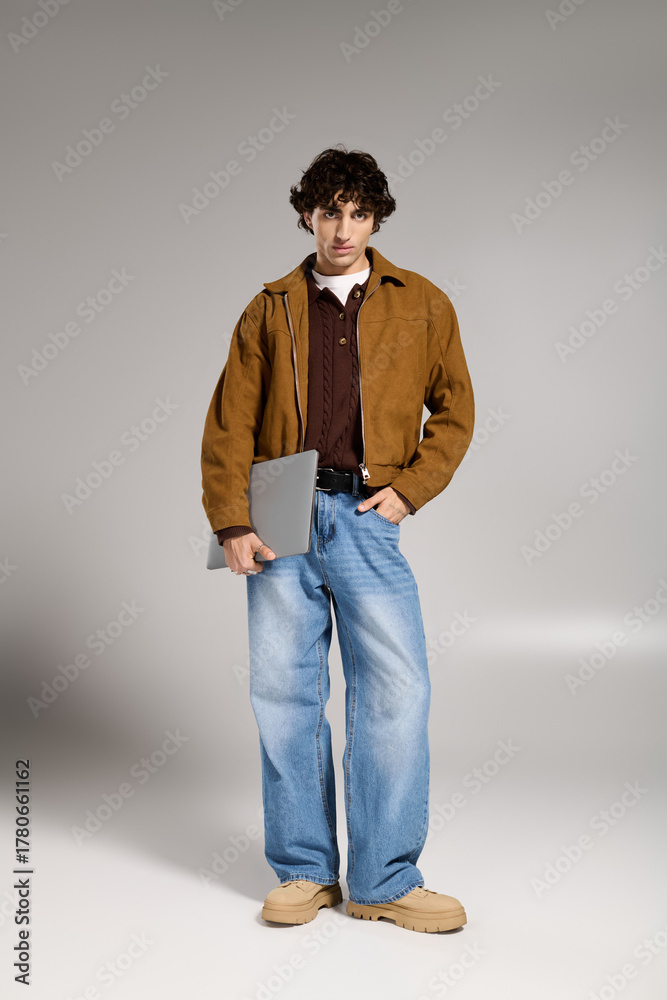 Fototapeta premium Stylish young man exudes confidence while holding a laptop in a minimalistic setting