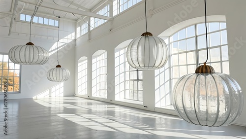 Modern Minimalist Interior with Large Windows and Artistic Hanging Glass Lights