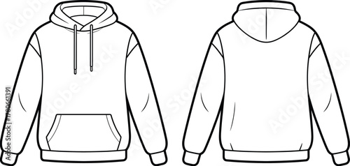 Hooded sweatshirt fashion flat sketch with drawstring hood, kangaroo pocket, ribbed cuffs and hem, front and back view, cad drawing flat vector illustration