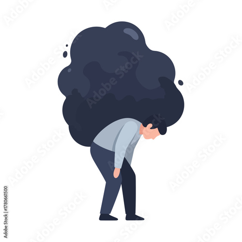 Human figure with storm cloud over head representing emotional burden, anxiety, and negative thoughts