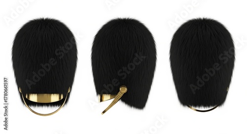 Traditional black bearskin hat of the royal guard shown from three different views isolated