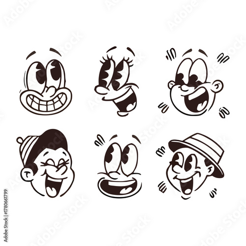 Set of Six Vintage Cartoon Faces Expressing Joy vector