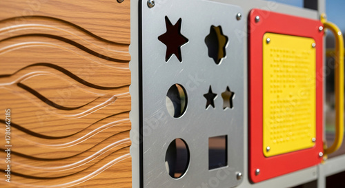 Close-up of adaptive play elements with tactile sensory panels