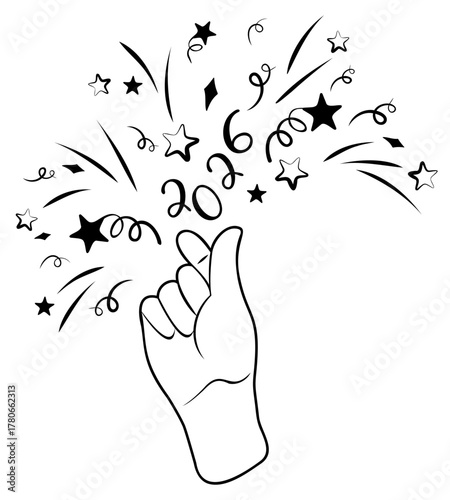 New Year's fireworks display featuring the numbers 2026 is launched from fingers folded into heart shape. Vector isolated black line drawing. Doodle New Year's composition with fireworks.