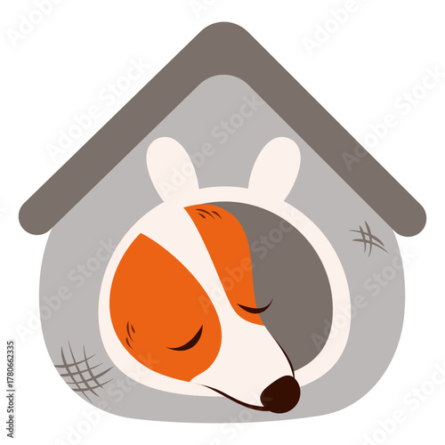 Red dog sleeps in gray, enclosed doghouse. Its cute white face is visible from the soft house. Simple flat vector illustration. Protection, care, and peace of mind for pets. Isolated color pet design.