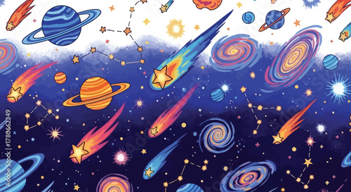 Seamless illustration of outer space with planets, galaxies, stars, and comets in a vibrant cosmic background