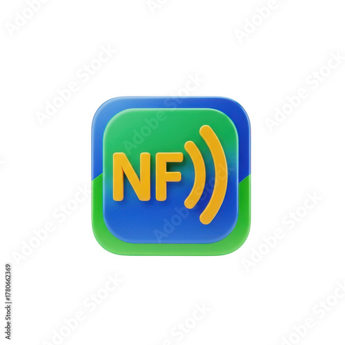 Green and Blue NFC Icon with Yellow Text and Signal Waves near field communication symbol isolated on a transparent background