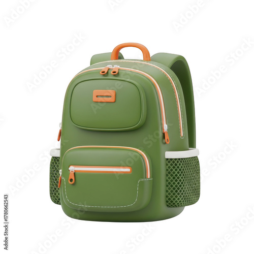 Green Backpack with Orange Accents and Mesh Pockets on Background (262 isolated on a transparent background