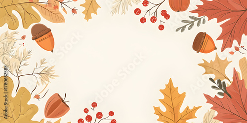 Illustrated Autumn Fall Leaves and Acorns Border Frame – Copy-Space Center