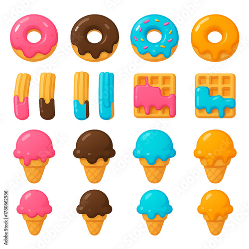 A vibrant collection of cartoon dessert icons, featuring a colorful concept of sweets like donuts, ice cream, waffles, and churros for graphic design