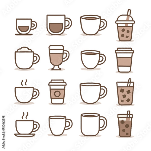 Wallpaper Mural A versatile concept collection of graphic icons featuring a diverse assortment of hot and cold beverage cups and mugs, ideal for cafes, menus, and drink-related designs Torontodigital.ca