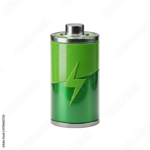 Green Battery Icon with Lightning Bolt Symbol and Silver Top/ Bottom on Background power energy isolated on a transparent background