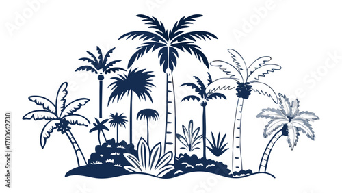 Tropical Island Silhouette: A serene silhouette of various palm trees, capturing the essence of a tropical paradise with its tranquil ambiance and striking design.