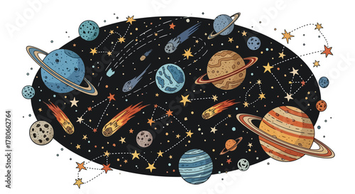 Vast Cosmic Panorama A Colorful Illustration of Planets, Stars, and Comets in Outer Space