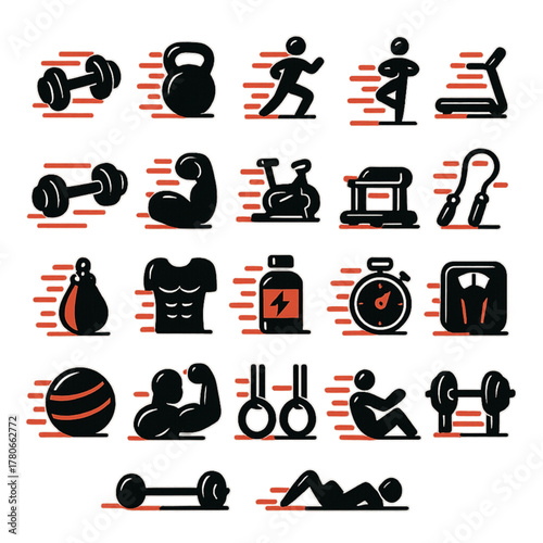 Fitness Icon Set Gym Equipment, Workout Gear, and Exercise Symbols