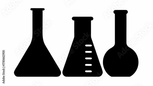 Three black silhouette laboratory flasks of different shapes on a white background are displayed here
