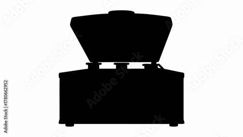Silhouette of an open top chest freezer with visible hinges and a dark background on a white surface