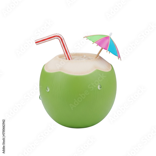 Green Coconut Drink with Red and White Straw and Colorful Umbrella graphic design isolated on a transparent background