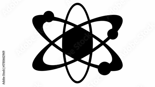 Black and white atom structure with orbiting electrons and a central hexagonal nucleus design element