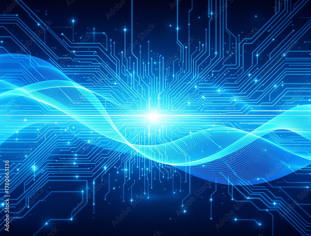Fototapeta premium Futuristic Quantum Computing Circuit Board – Digital Technology Wave Design