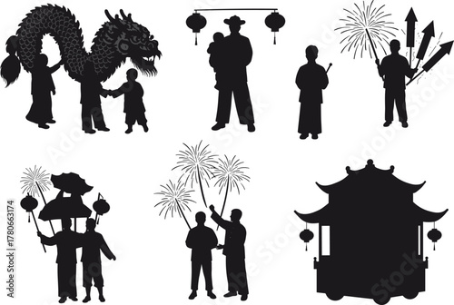 Silhouettes of Chinese Festival Activities – Dragon Dance, Lanterns, Fireworks, Parade, Pavilion, Cultural Celebration Vector Illustration for New Year Themes