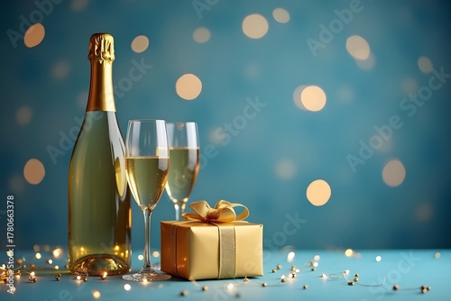 simple Golden bottle of champagne with glasses and golden gift and bokeh effect on simple blue background
