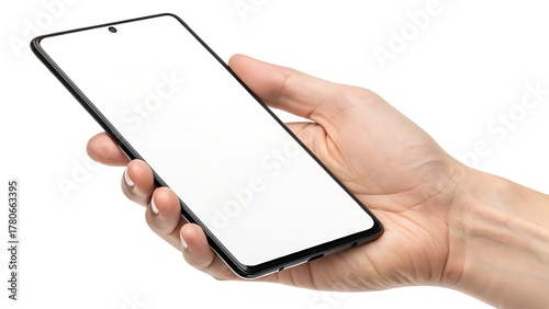 Hand Holding Modern Smartphone with Blank White Screen Isolated on White Background